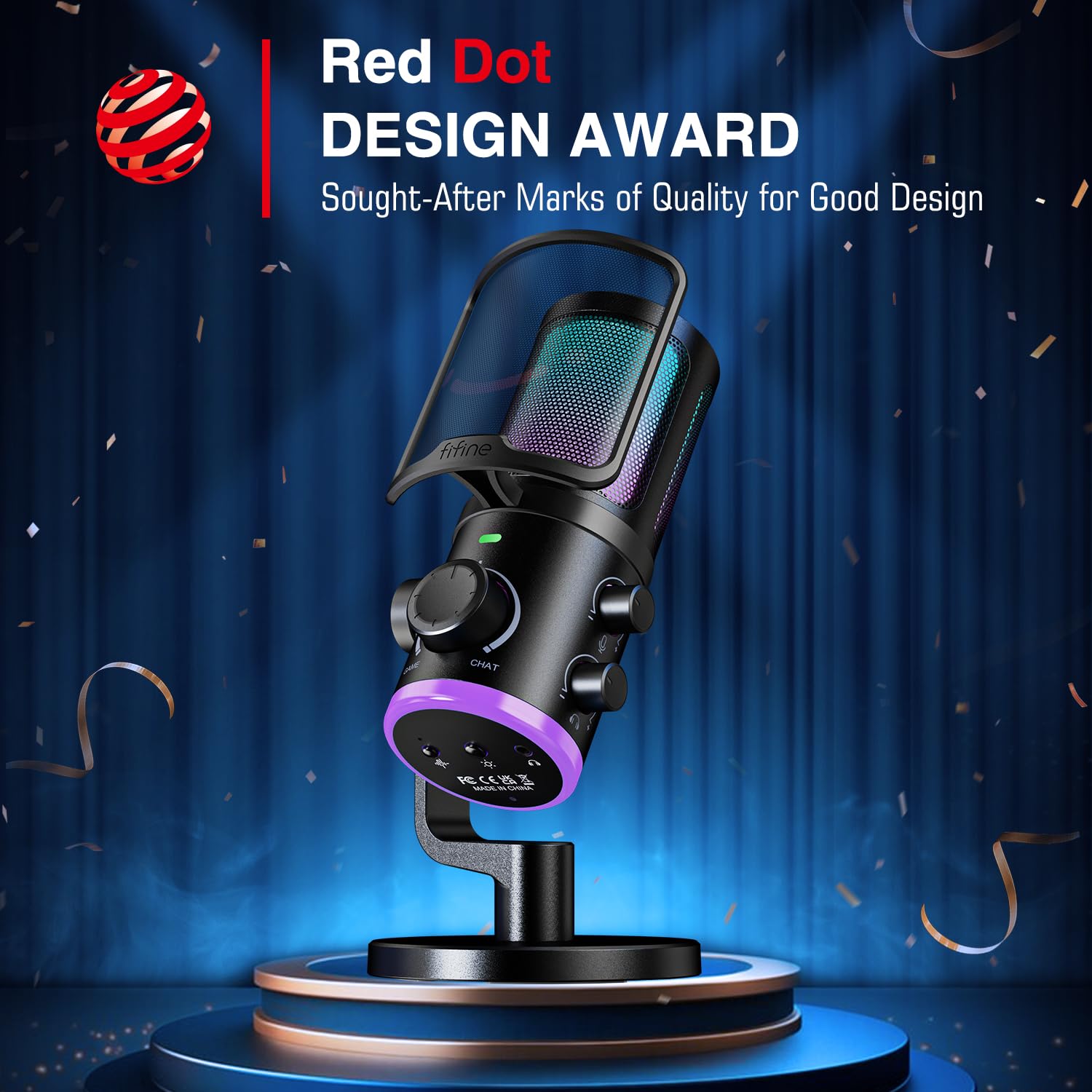 FIFINE AmpliGame AM6 USB Gaming Microphone, RGB Condenser Mic with Noise Cancellation & Mute Button for Twitch/Podcast/Discord, Black